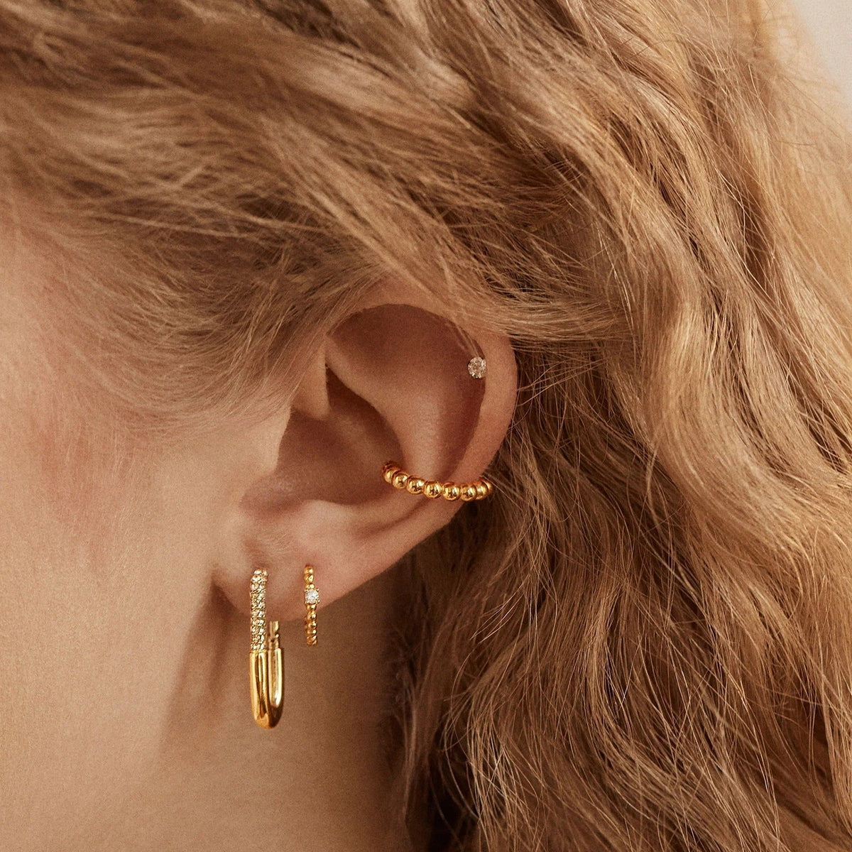 Lavisa - 18K Gold Pisa Beaded Ear Cuff - Detail & Styling View