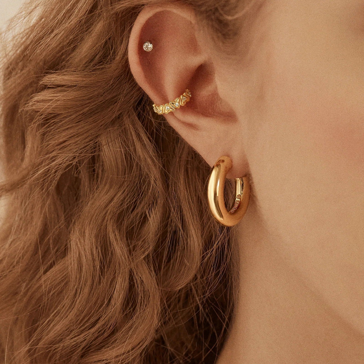 Lavisa - 18K Gold Heart Ear Cuff - Non-Piercing Crystal Earring - Detail & Styling View