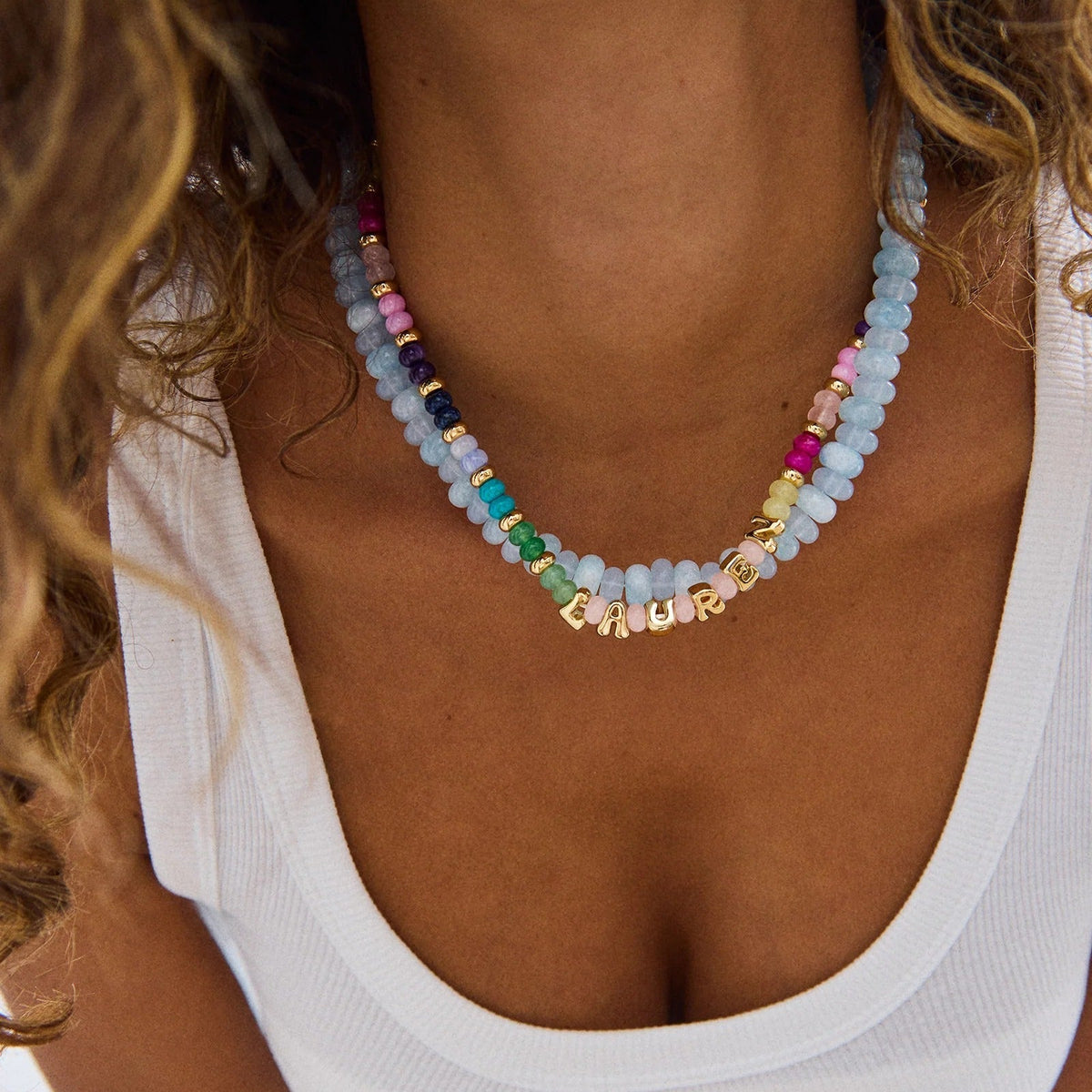 Lavisa - Custom Semi-Precious Bubble Letter Necklace - Detail & Styling View