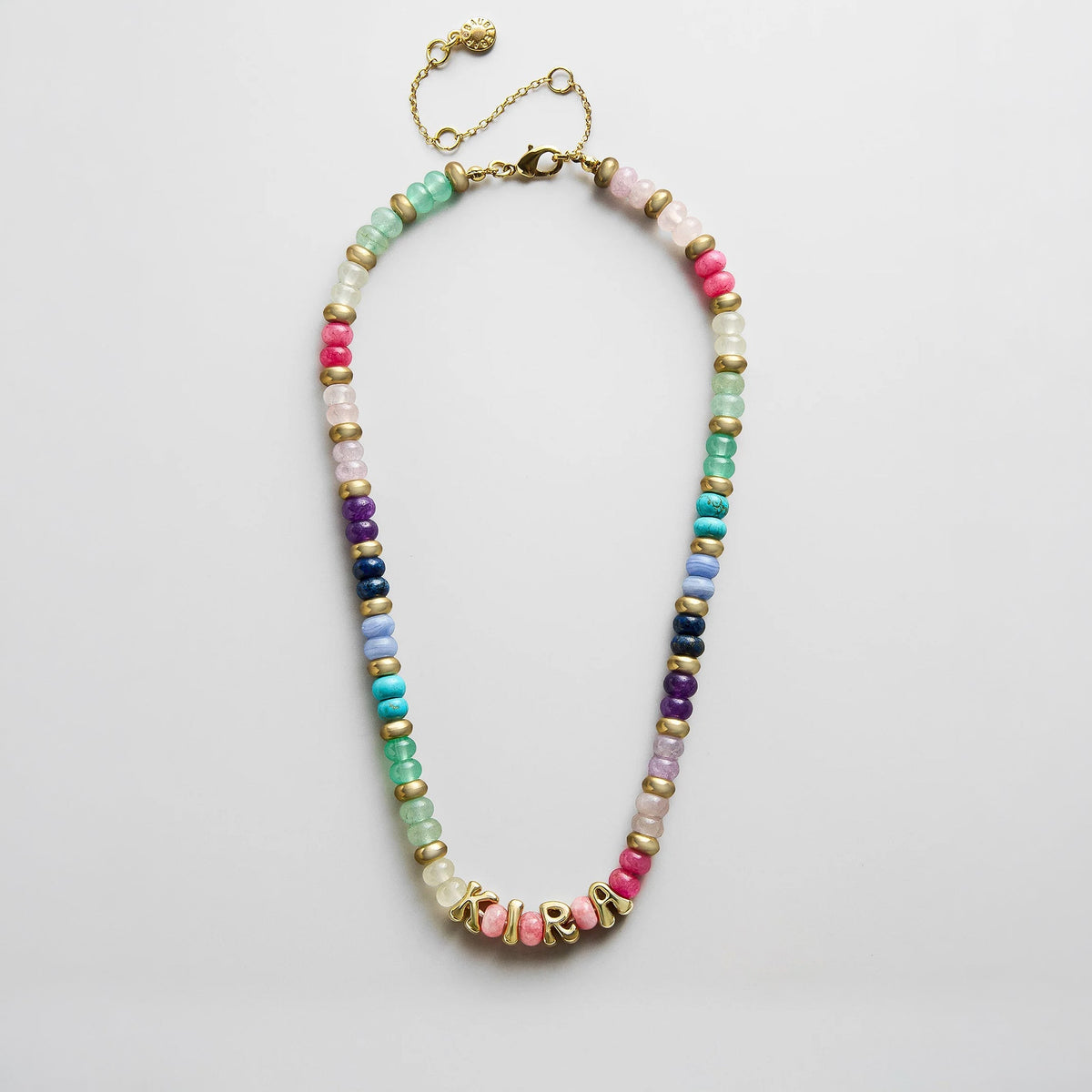 Lavisa custom semi-precious bubble letter necklace with gemstone beads