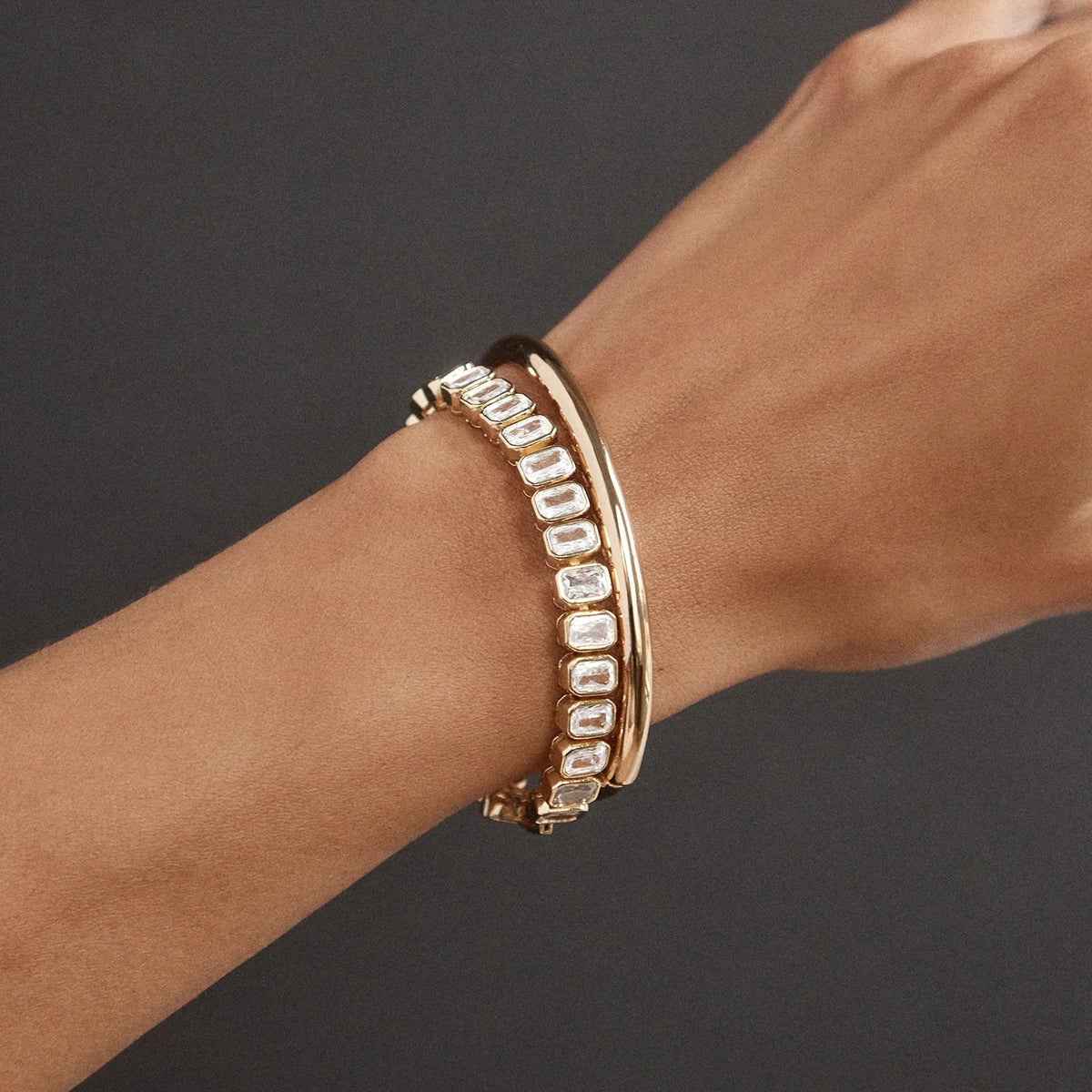 Lavisa - Emerald Cut Bezel Crystal Tennis Bracelet - Detail & Styling View
