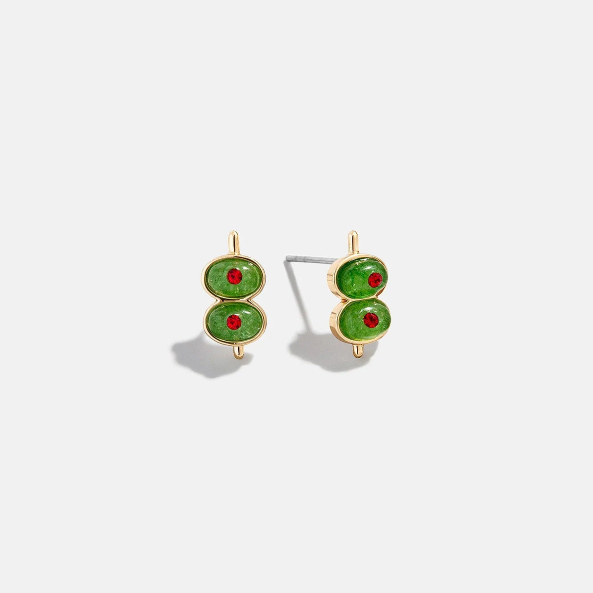 Lavisa playful olive novelty earrings with gold outline and red gemstone accents