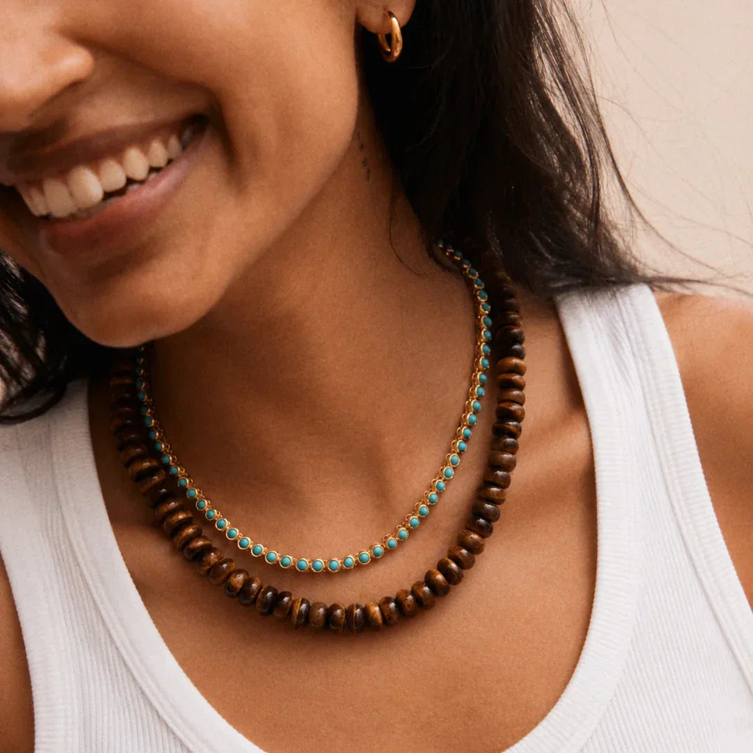 Lavisa - Tiger's Eye Beaded Necklace - Semi-Precious Layering Jewelry - On-Model & Scale View
