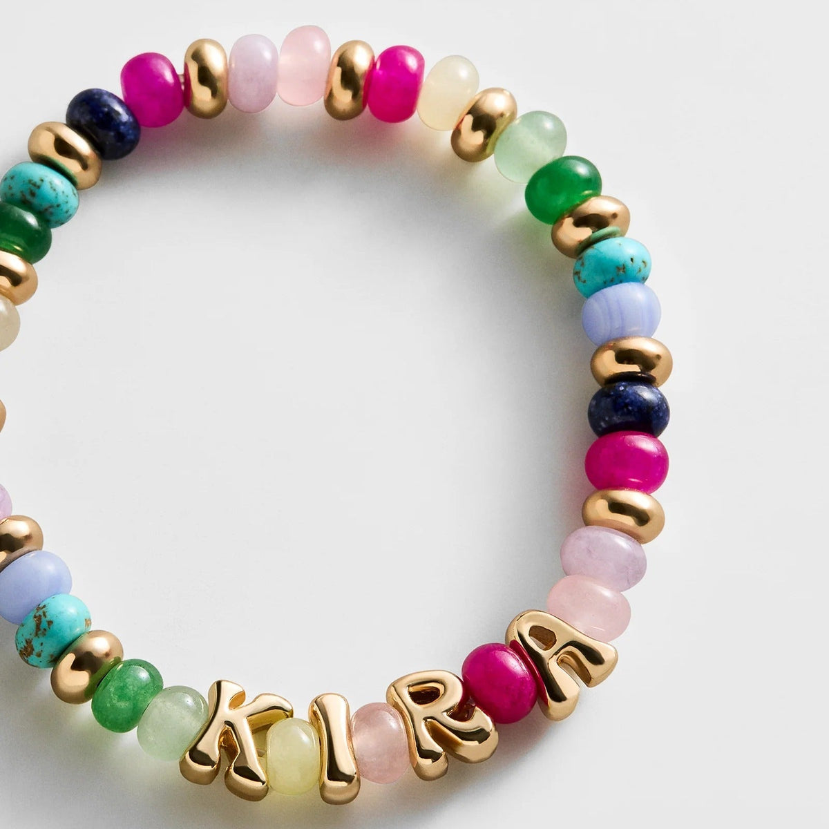 Lavisa - Personalized Bubble Letter Semi-Precious Stone Bracelet - On-Model & Scale View