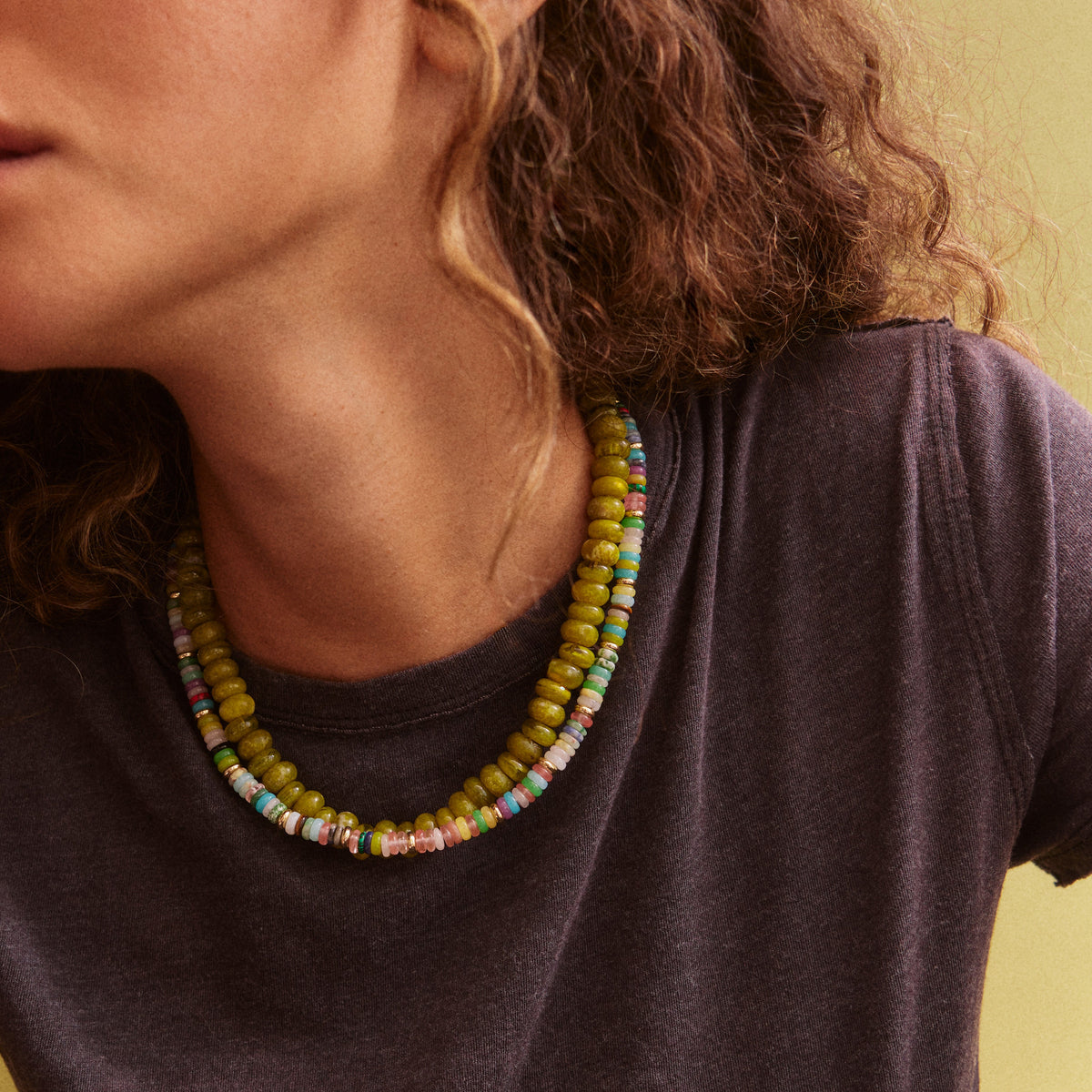 Lavisa - Multi-Color Semi-Precious Beaded Necklace - Boho Gemstone Jewelry - Detail & Styling View
