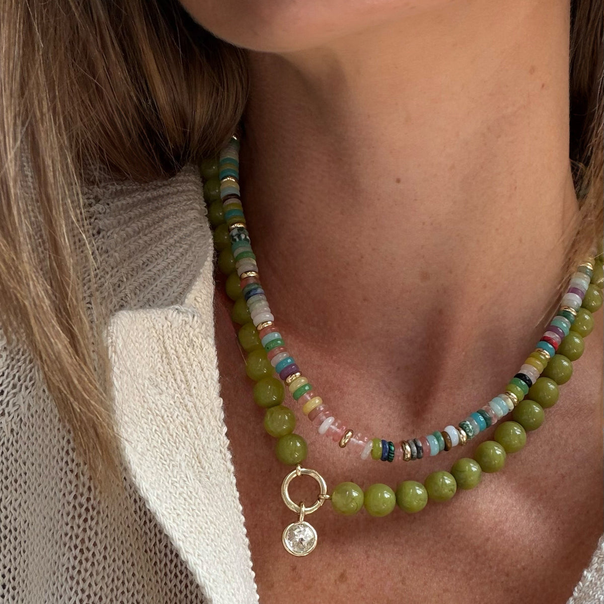 Lavisa - Multi-Color Semi-Precious Beaded Necklace - Boho Gemstone Jewelry - On-Model & Scale View
