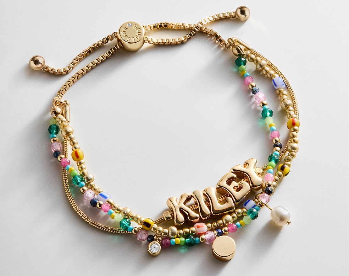 Lavisa Rowan semi-precious custom layered bracelet with bubble font letters