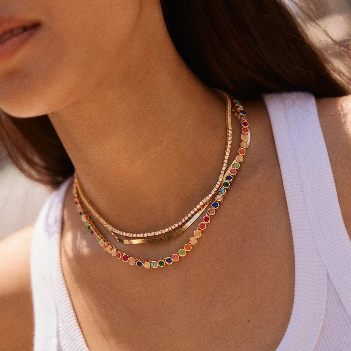 Lavisa - Multi-Stone Tennis Necklace - Gold Plated Semi-Precious Jewelry - On-Model & Scale View