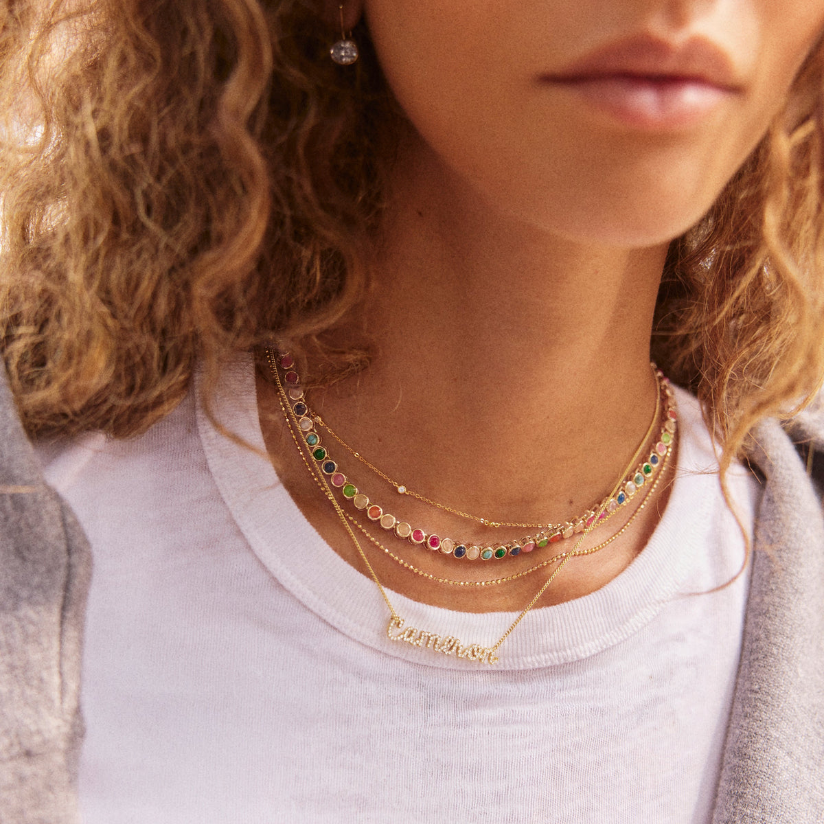 Lavisa - Multi-Stone Tennis Necklace - Gold Plated Semi-Precious Jewelry - Detail & Styling View