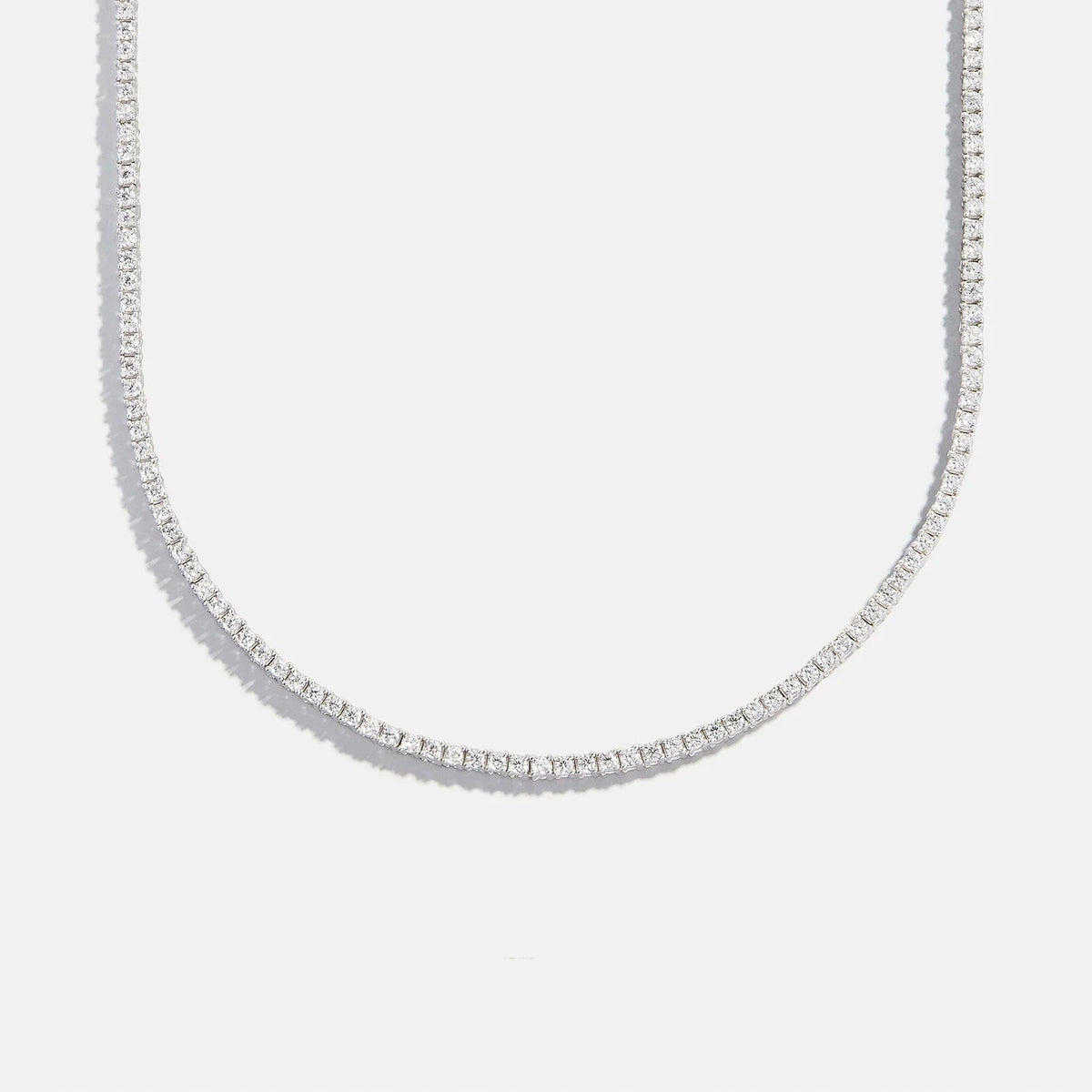 Lavisa - Classic Silver Tennis Necklace with Round Stones - On-Model & Scale View