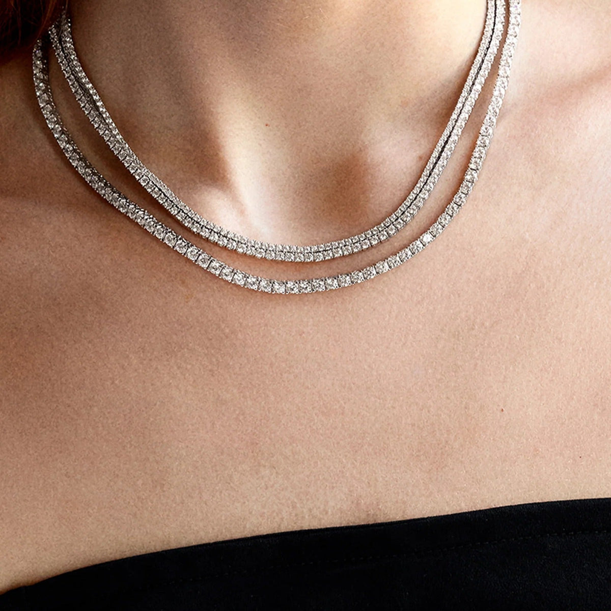 Lavisa - Classic Silver Tennis Necklace with Round Stones - Detail & Styling View