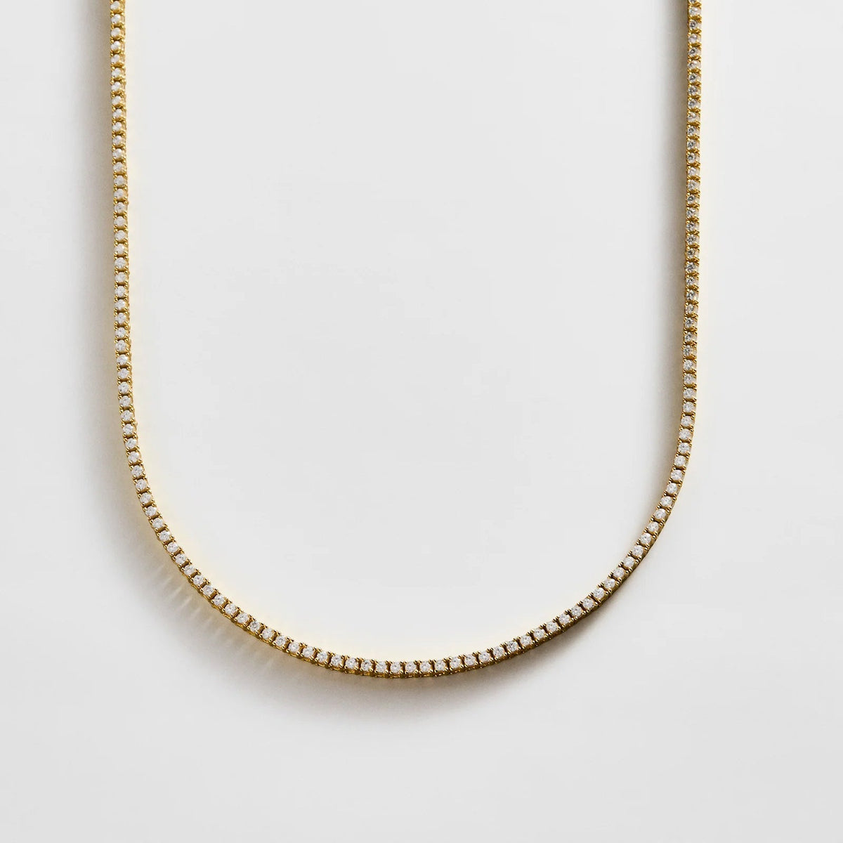 Lavisa - Gold Plated Brass Classic Tennis Necklace - On-Model & Scale View