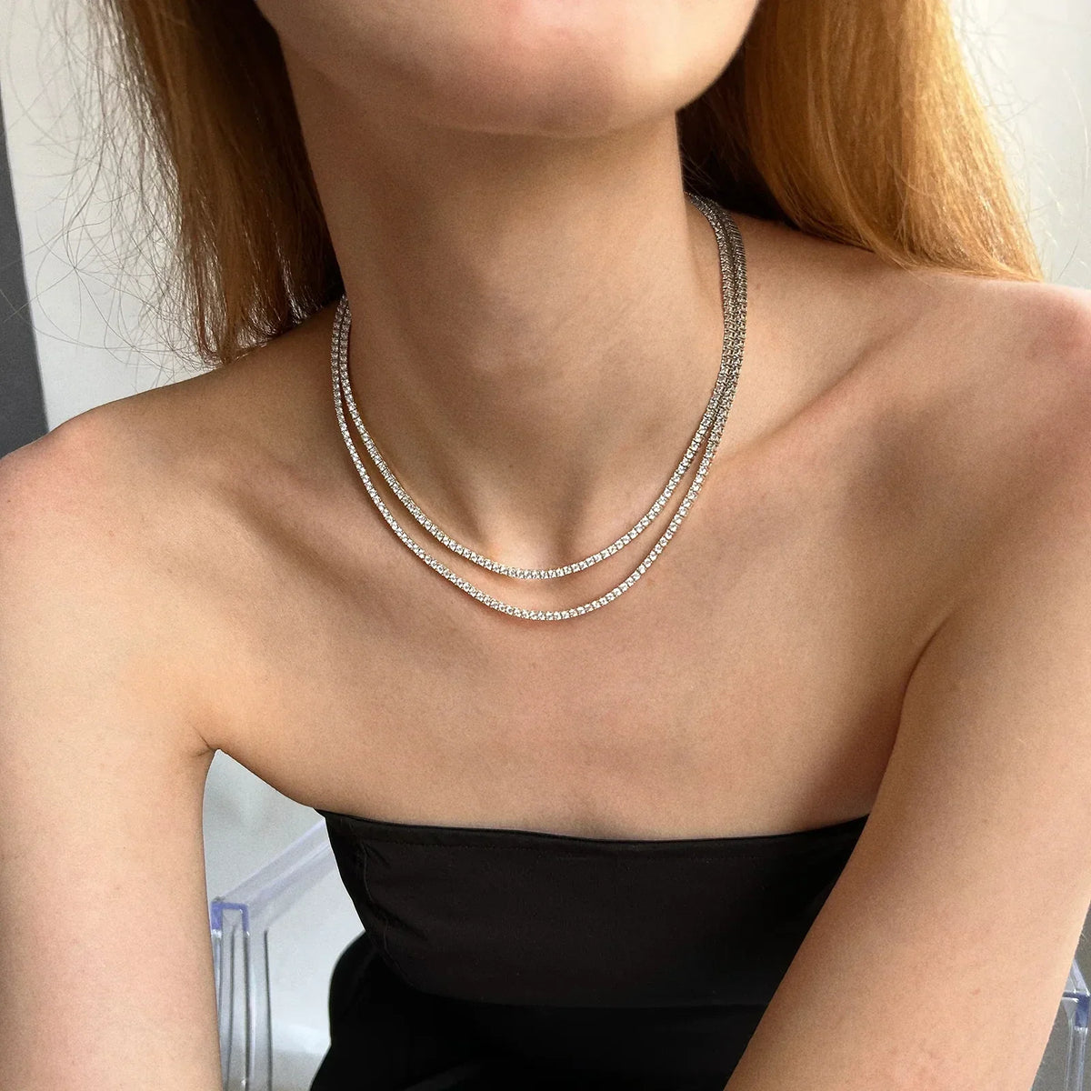 Lavisa - Classic Silver Tennis Necklace with Round Stones - Side Profile View