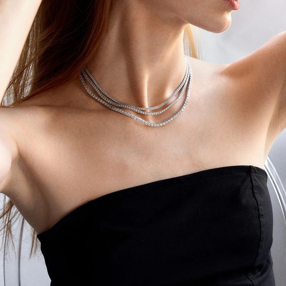 Lavisa - Classic Silver Tennis Necklace with Round Stones - Product Gallery View 8