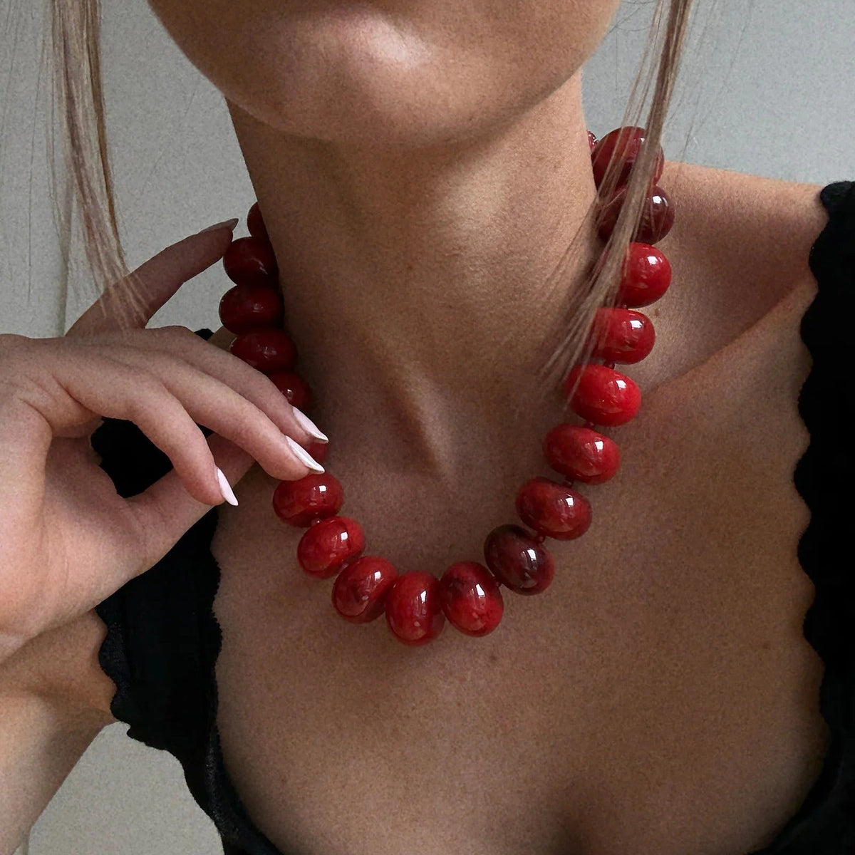 Lavisa - Red Jasper Semi-Precious Beaded Statement Necklace - On-Model & Scale View