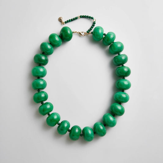 Lavisa malachite semi-precious beaded necklace with chunky green elements.