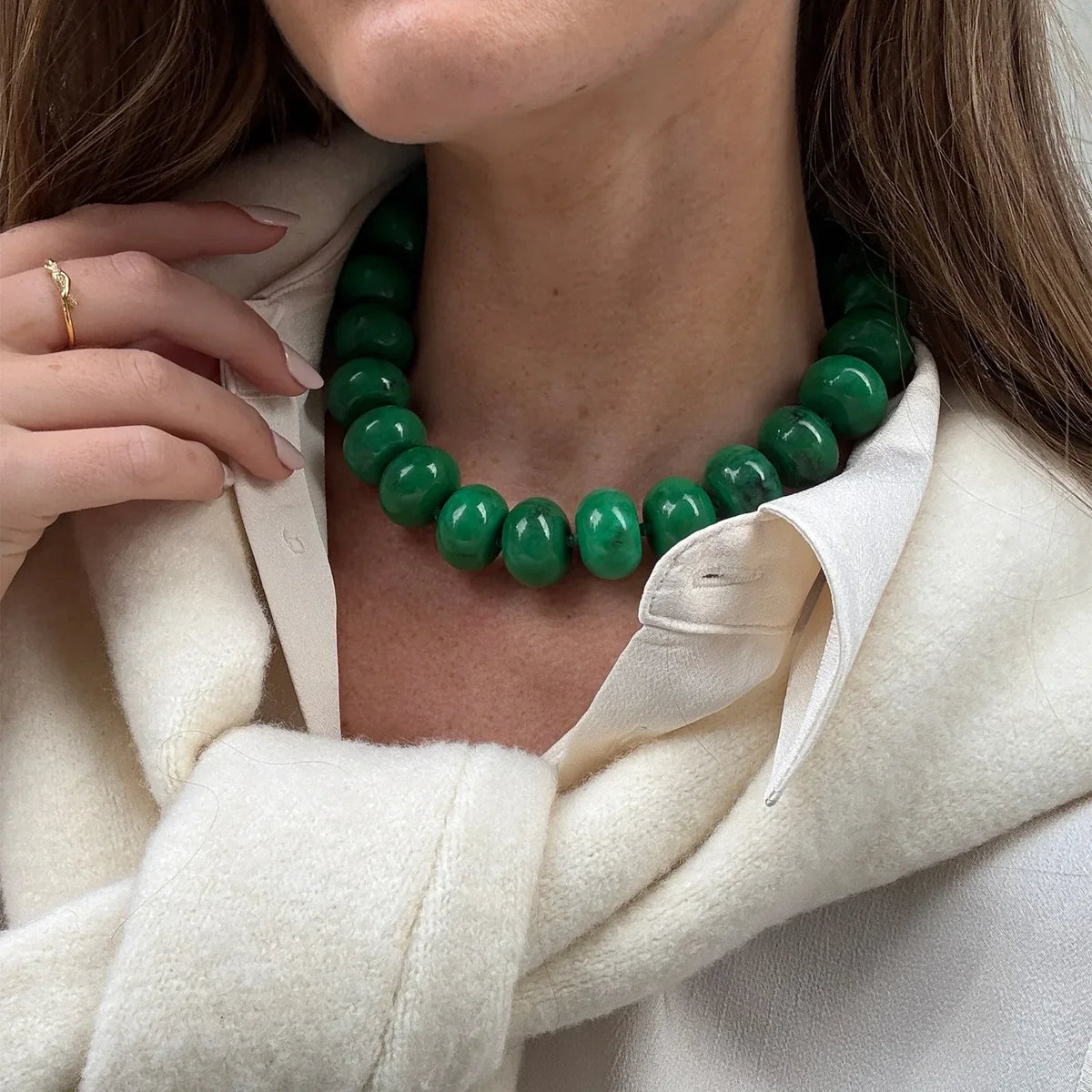 Lavisa - Malachite Semi-Precious Beaded Necklace - On-Model & Scale View