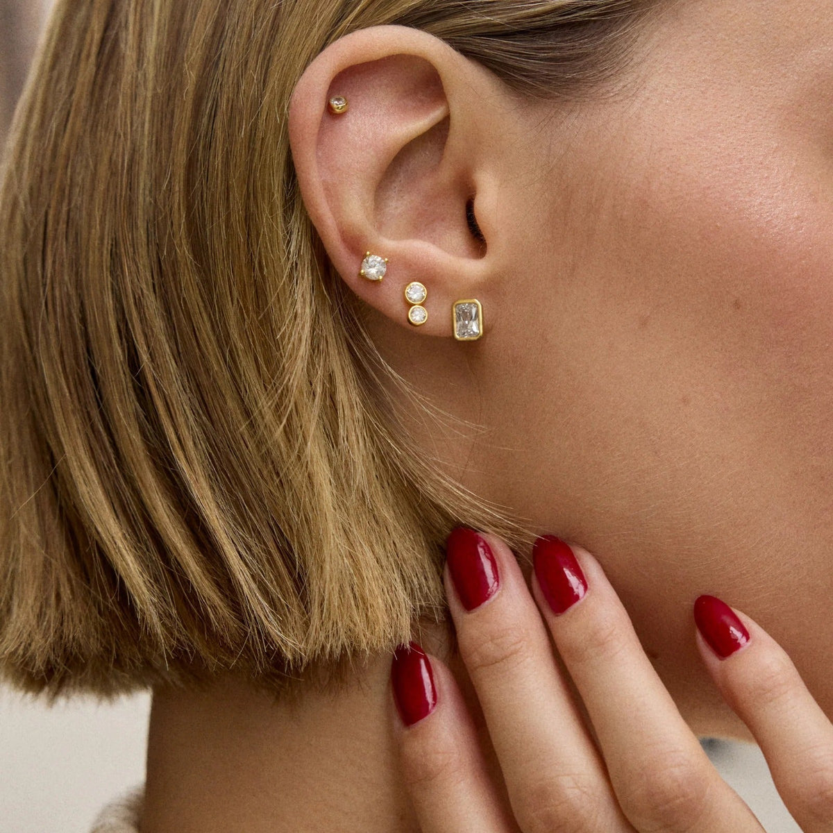 Lavisa - Emerald Cut Crystal Bezel Stud Earrings - On-Model & Scale View