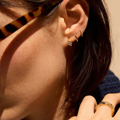 Lavisa - 14K Gold Pavé Huggie Hoops - Detail & Styling View