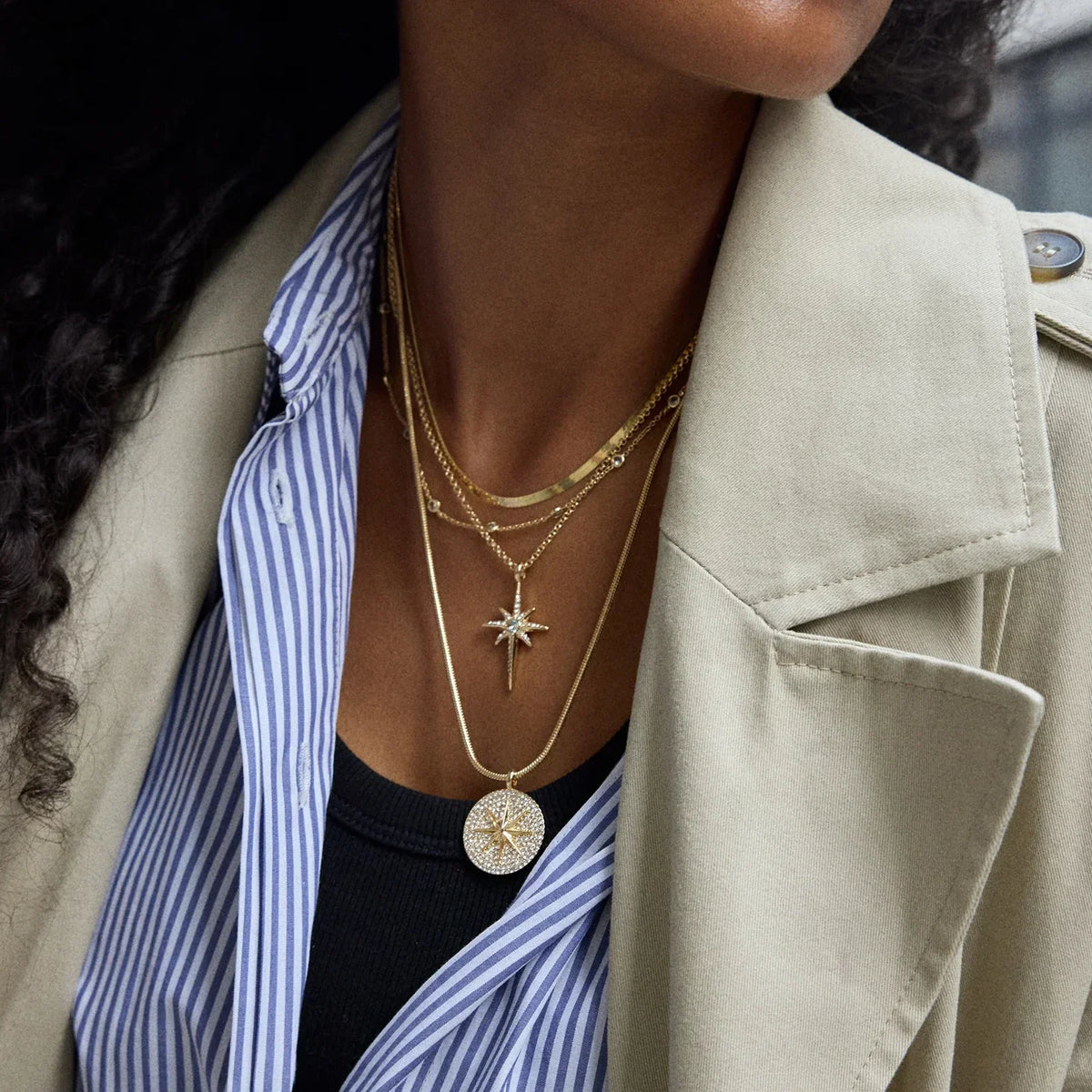 Lavisa - Lyra Celestial Layered Necklace - Gold/Pavé - Detail & Styling View