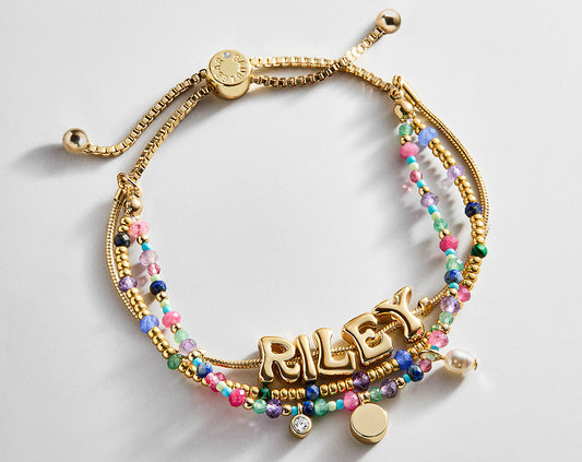 Lavisa custom layered initial bracelet with semi-precious beads and adjustable pull-tie