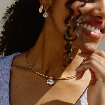Lavisa - Gold Crystal Collar Necklace with Statement Wire Design - Detail & Styling View
