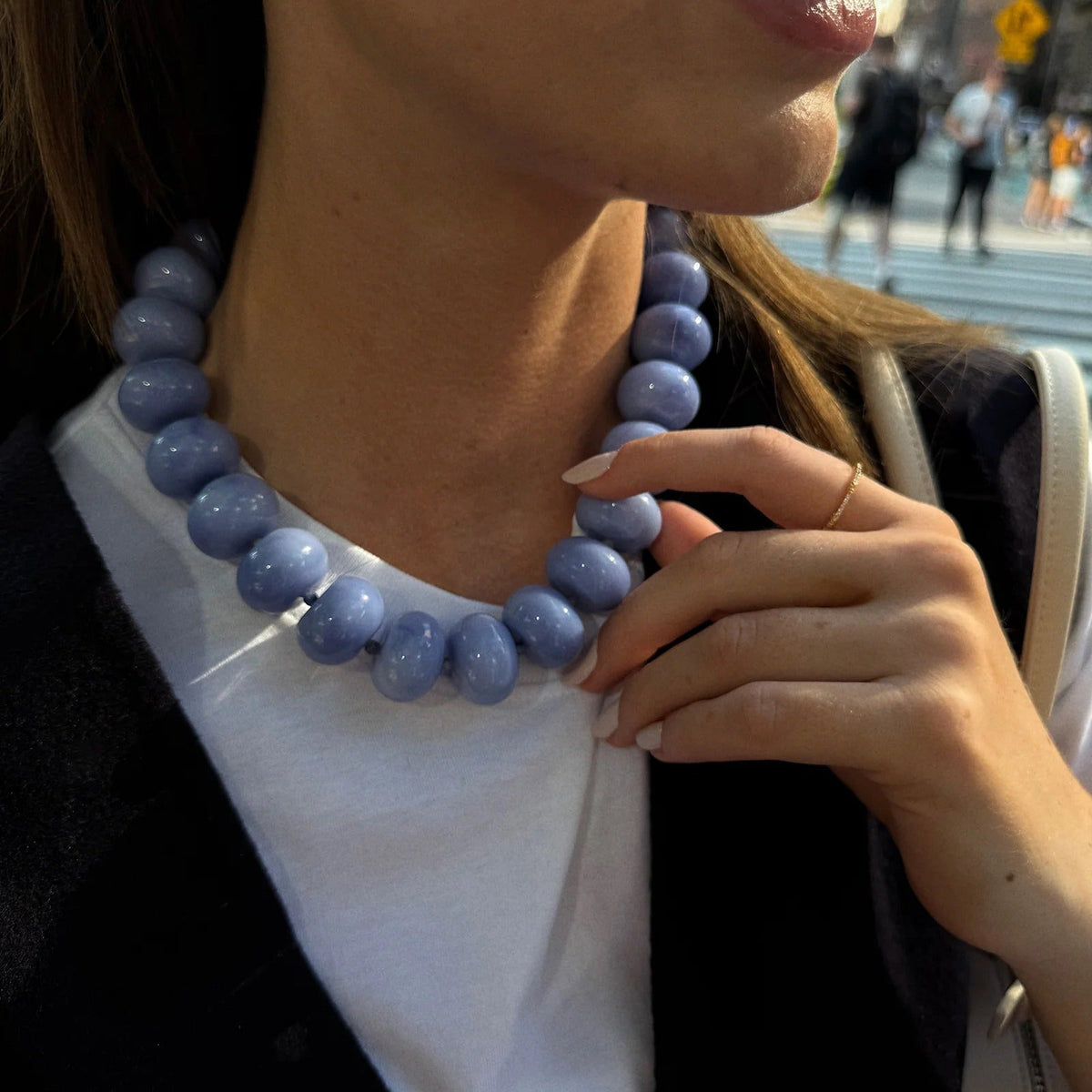 Lavisa - Blue Sodalite Beaded Chunky Statement Necklace - On-Model & Scale View