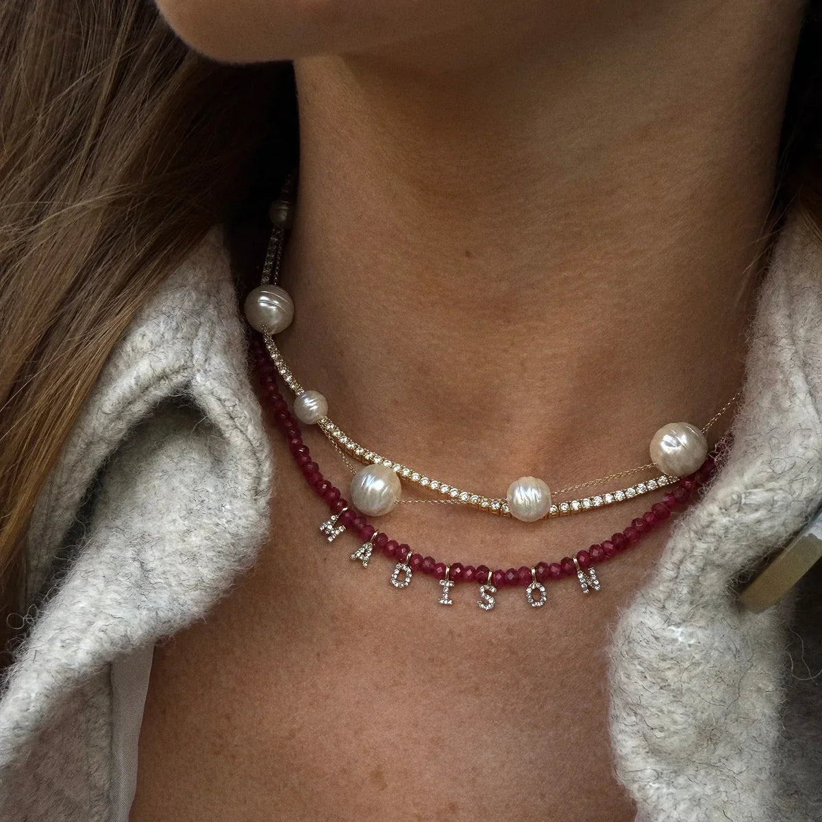 Lavisa - Custom Semi-Precious Beaded Necklace With Pave Letters - Texture & Setting View