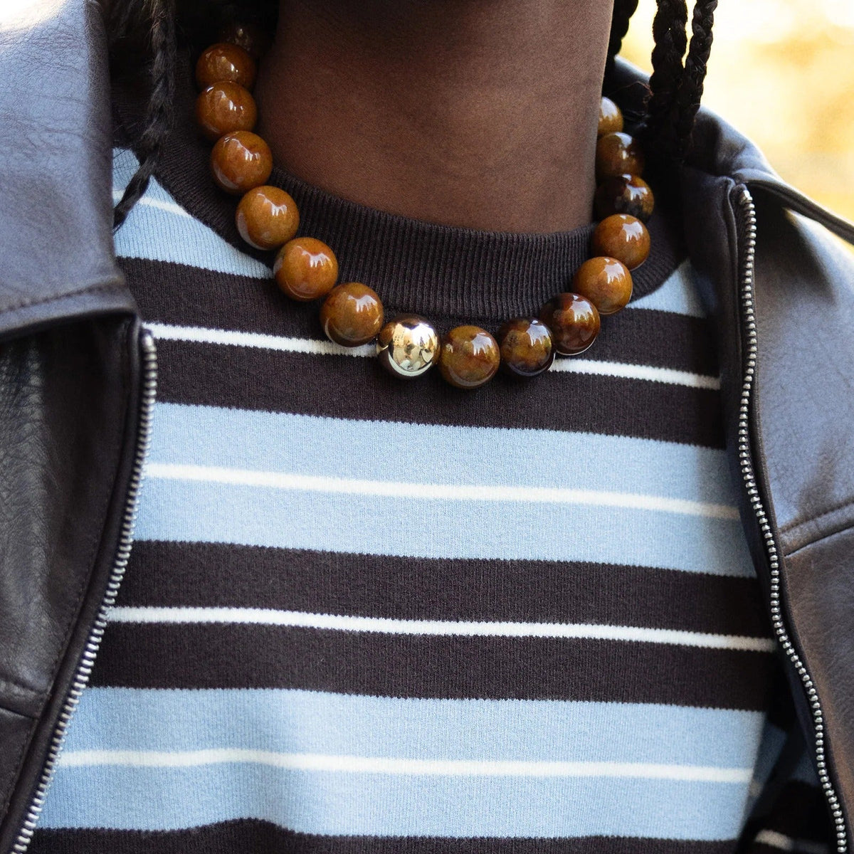 Lavisa - Tiger's Eye Beaded Statement Necklace - Detail & Styling View