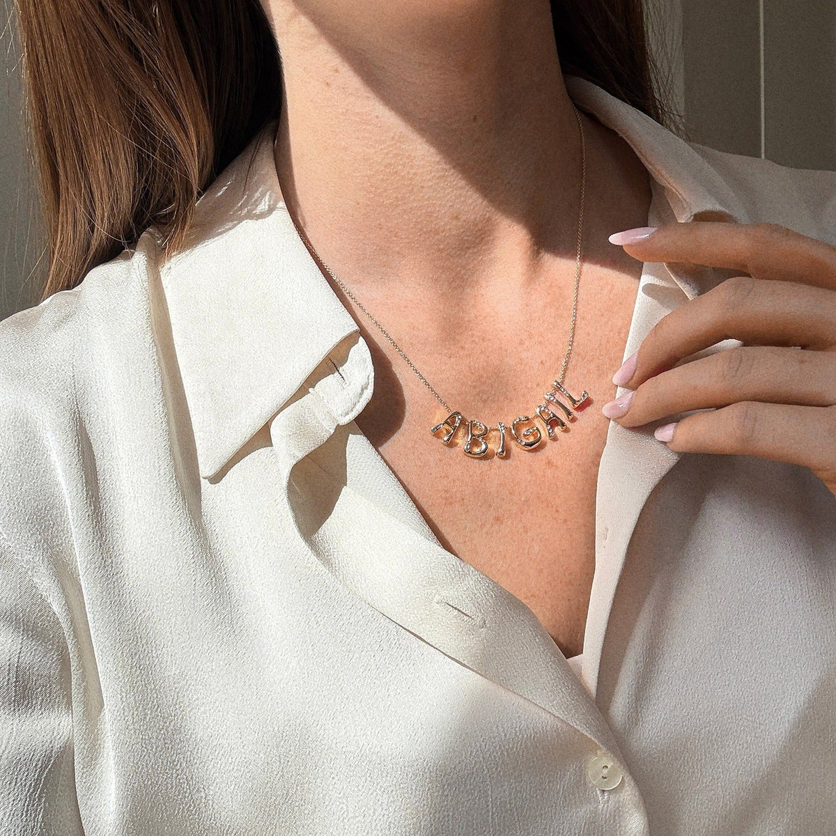 Lavisa - Custom Nameplate Necklace With Crystal Letter Accents - On-Model & Scale View