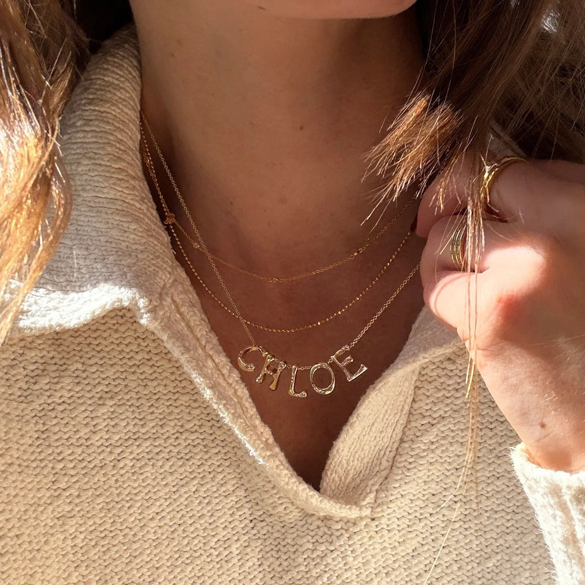 Lavisa - Custom Nameplate Necklace With Crystal Letter Accents - Detail & Styling View