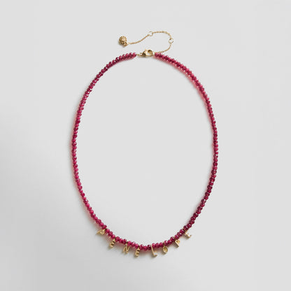 Lavisa Custom Semi-Precious Beaded Necklace with red jasper beads and sparkling pavé letter charms.