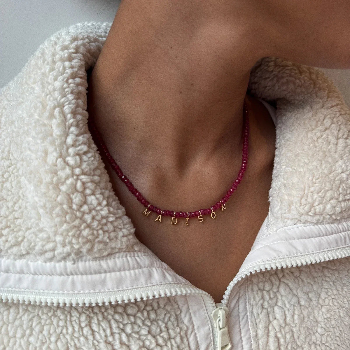 Lavisa - Custom Semi-Precious Beaded Necklace With Pave Letters - Detail & Styling View