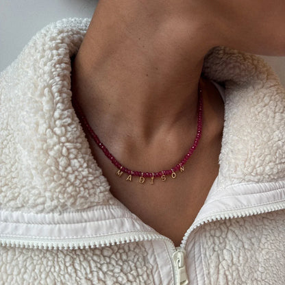 Lavisa - Custom Semi-Precious Beaded Necklace With Pave Letters - Detail & Styling View