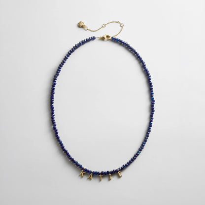 Lavisa personalized semi-precious lapis beaded name necklace with gold pave letters