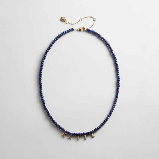 Lavisa personalized semi-precious lapis beaded name necklace with gold pave letters