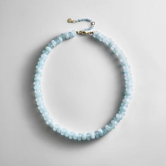 Lavisa Semi Precious Beaded Necklace featuring two-toned blue lace agate stones and an extender chain