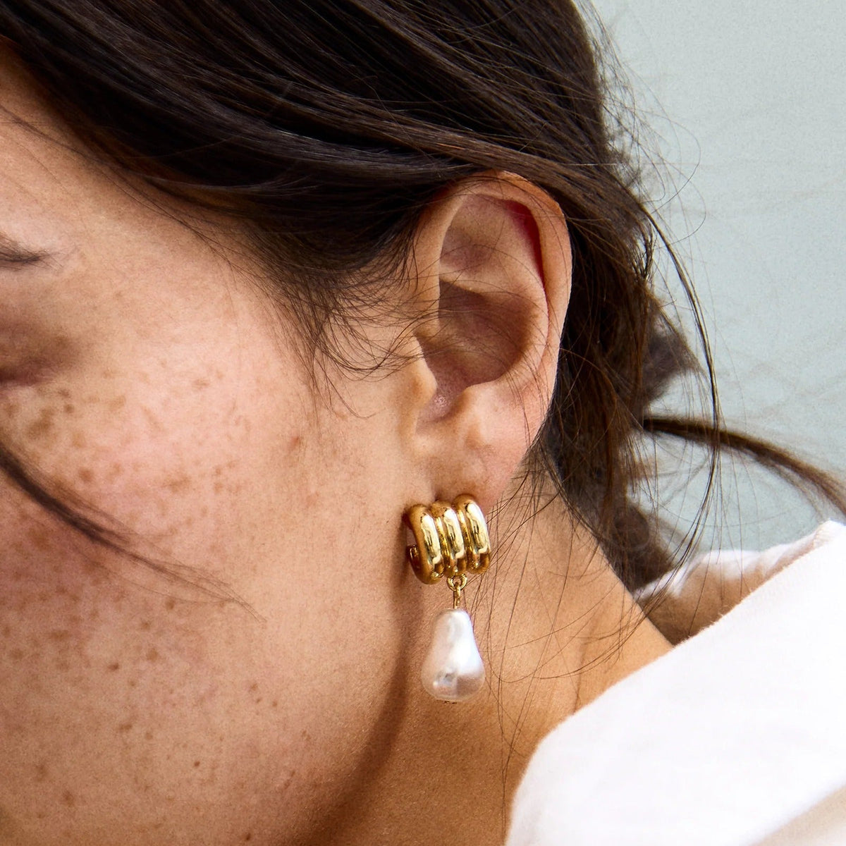 Lavisa - Teagan Ribbed Pearl Baroque Earrings - Detail & Styling View