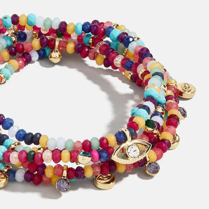 Lavisa Evil Eye Beaded Stackable Bracelet Set featuring colorful semiprecious stones and gold beads.
