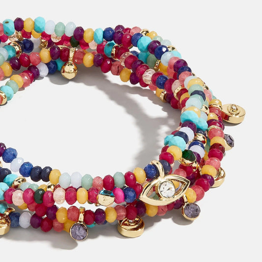 Lavisa Evil Eye Beaded Stackable Bracelet Set featuring colorful semiprecious stones and gold beads.