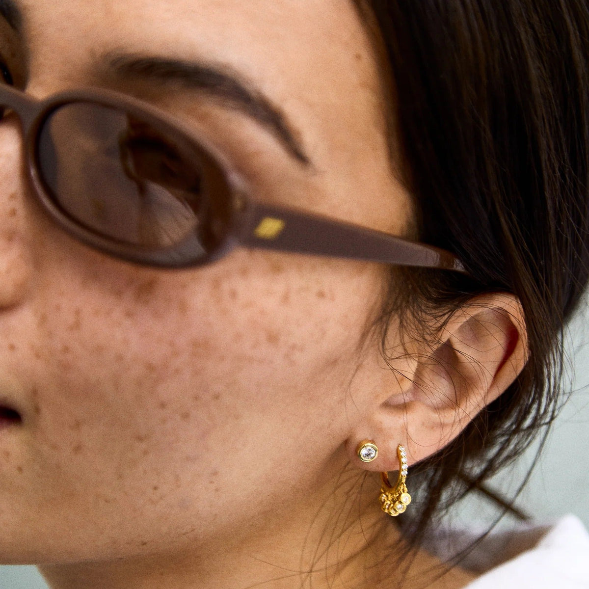 Lavisa - Gold Stud Earrings with Round Stone - Detail & Styling View