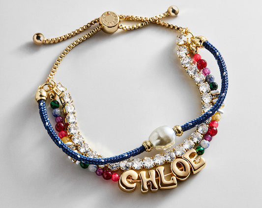 Lavisa custom multi-strand layered bracelet with semi-precious beads and bubble font name