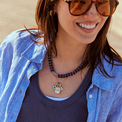 Lavisa - Evil Eye Semi-Precious Beaded Station Necklace - Detail & Styling View