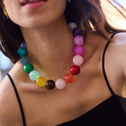 Lavisa - Rainbow Beaded Statement Necklace - On-Model & Scale View