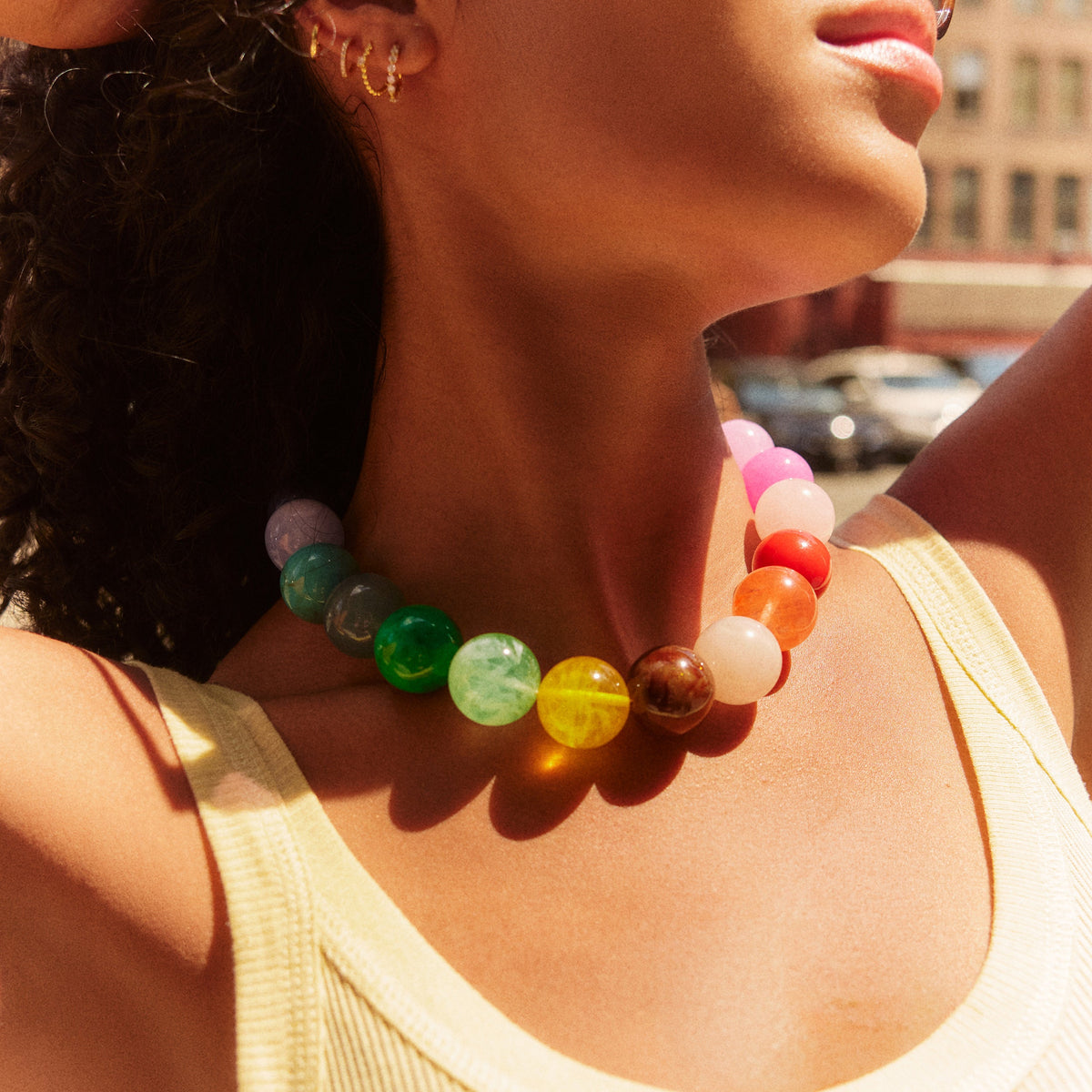 Lavisa - Rainbow Beaded Statement Necklace - Detail & Styling View