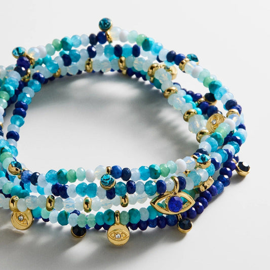 Lavisa Evil Eye Beaded Layered Bracelet Set featuring colorful semi-precious stones and evil eye charms