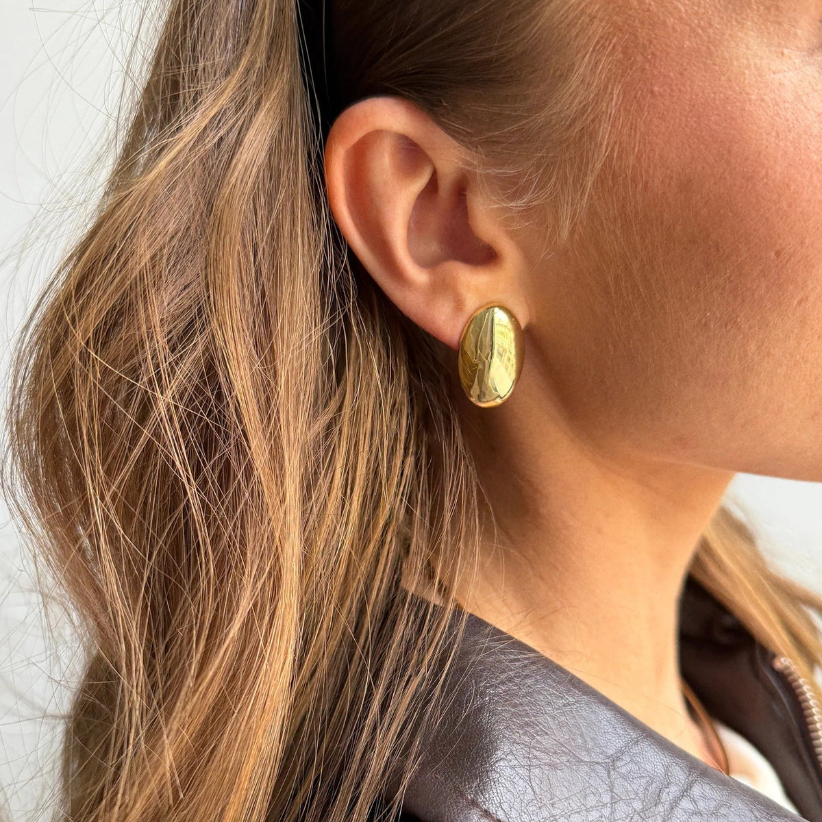 Lavisa - Domed Oval Stud Earrings - Glossy Gold Fashion Jewelry - Detail & Styling View