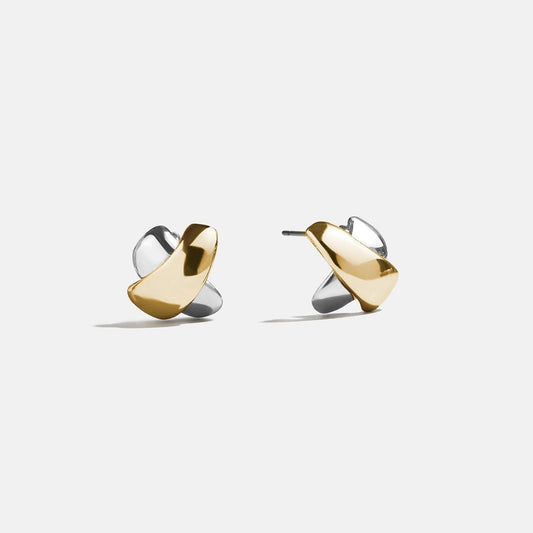 Lavisa crisscross mixed metal stud earrings in glossy gold and silver finish