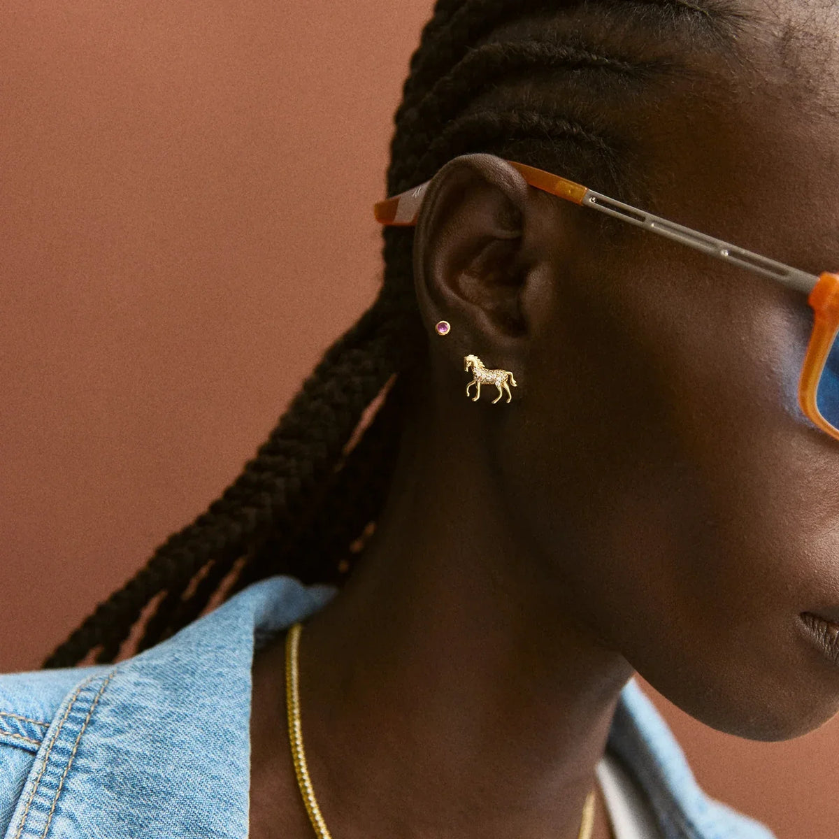 Lavisa - 14K Gold Horse Earrings - Detail & Styling View