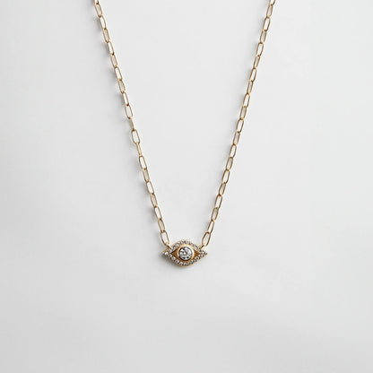 Lavisa - 14K Gold Evil Eye Charm Necklace - On-Model & Scale View